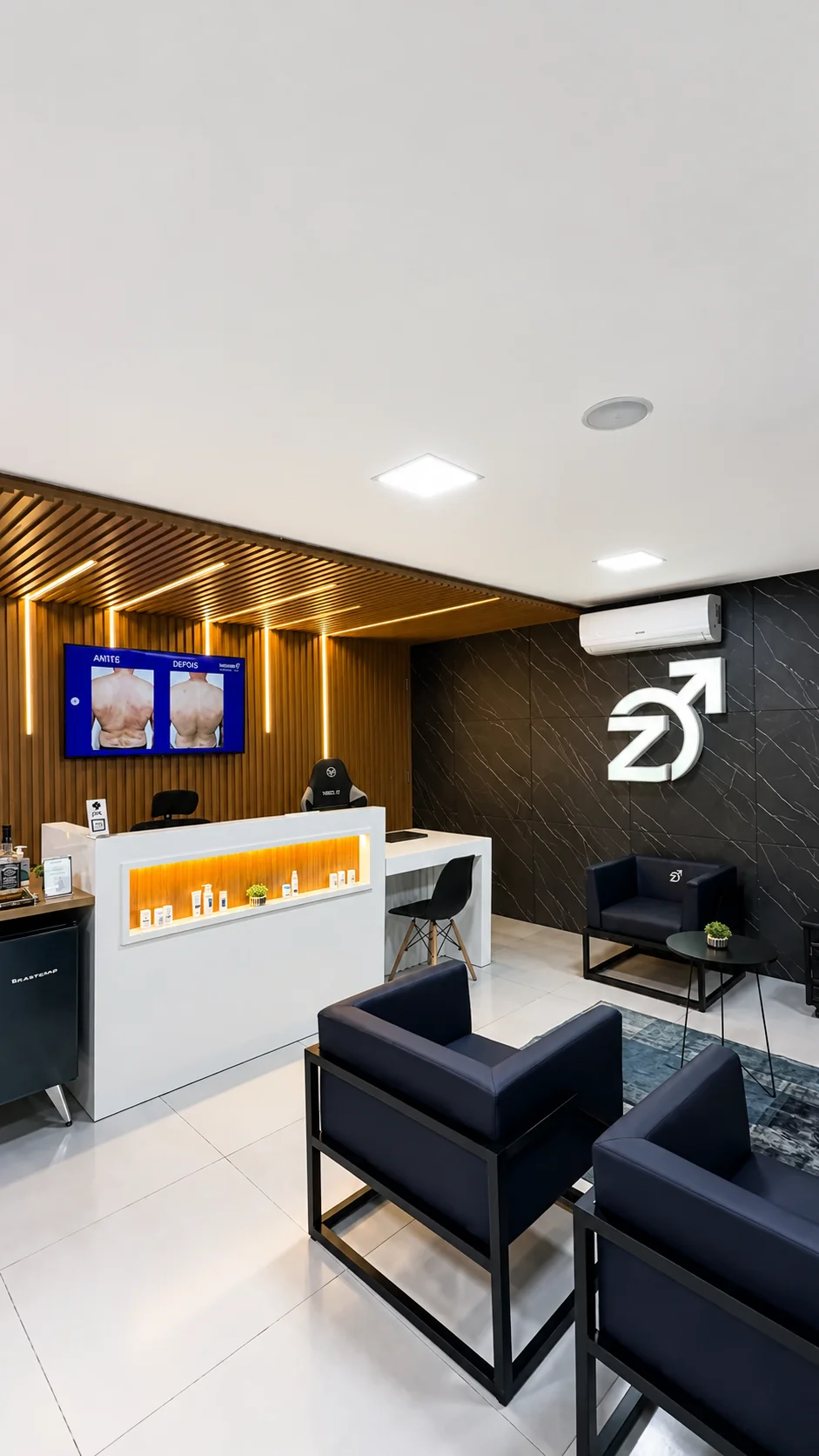 Lounge da clínica HOMENZ — recepção com poltronas, frigobar e painel com antes e depois